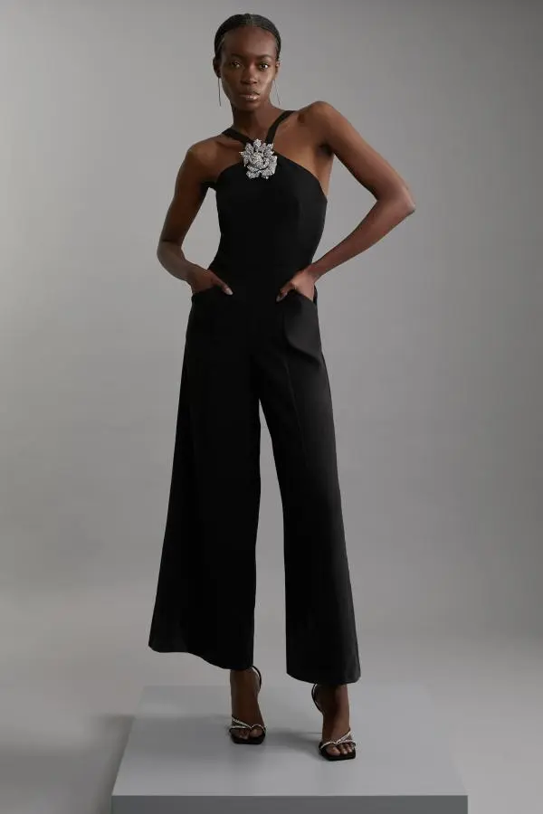 Petite Compact Stretch Viscose Crystal Embellished Rosette Straight Leg Tailored Jumpsuit