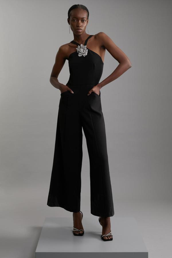 Petite Compact Stretch Viscose Crystal Embellished Rosette Straight Leg Tailored Jumpsuit