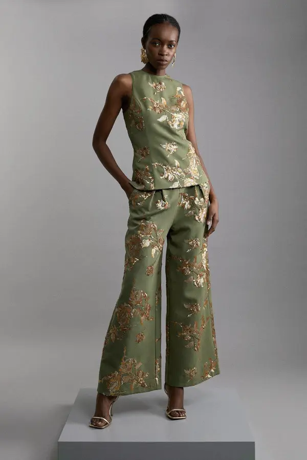 Satin Sequin And Embroidery Woven Trouser