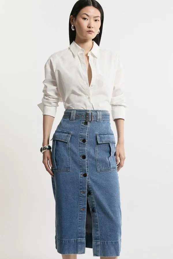 Denim Cargo Pocket Belted Midi Skirt