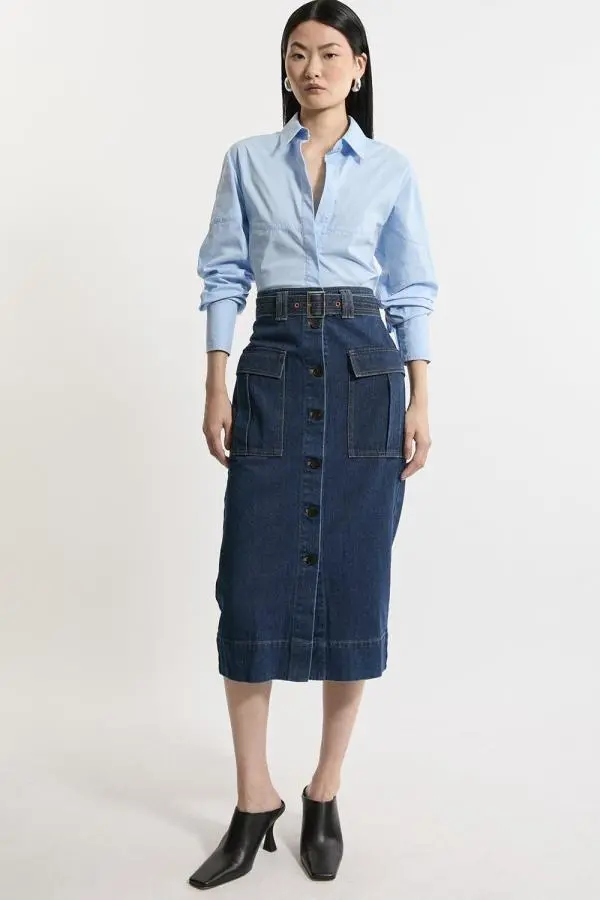 Denim Cargo Pocket Belted Midi Skirt