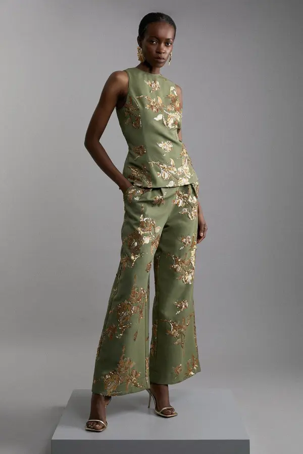 Petite Satin Sequin And Embroidery Woven Trouser