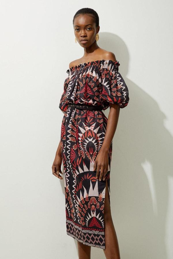 Petite Voile Mirrored Batik Belted Bardot Midi Dress