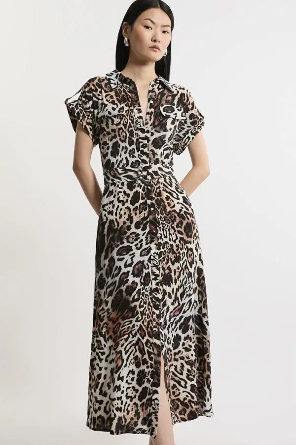 Petite Leopard Batik Printed Morocain Woven Midi Shirt Dress