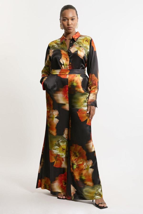 Plus Size Floral Satin Woven Trouser