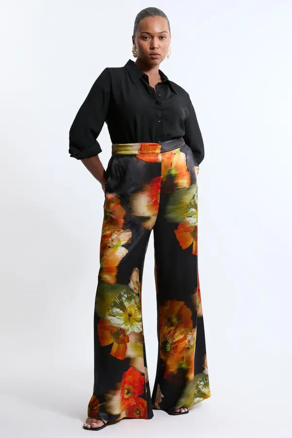 Plus Size Floral Satin Woven Trouser