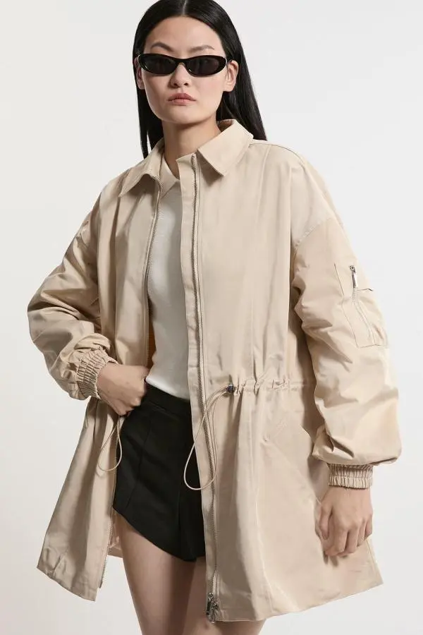 Drawstring Waist Collared Zip Through Mid Length Jacket