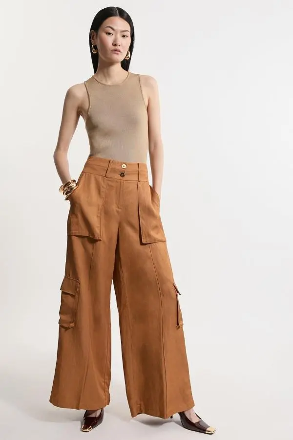 Drapey Polished Twill Utility Cargo Wide Leg Woven Trouser