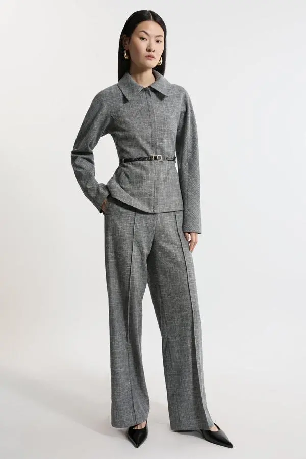 Mono Textured High Waist Wide Leg Tailored Trousers