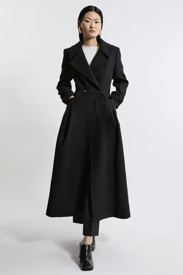 Italian Wool Blend Tailored Flared Skirt Midaxi Coat