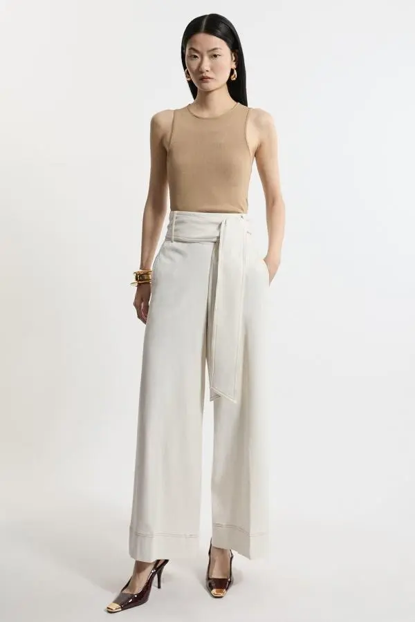 Tailored Wide Leg Belted Trousers