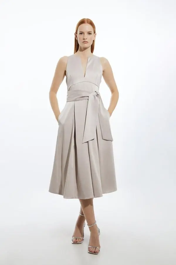 Petite Tailored Satin Bow Detail Full Skirted Midaxi Dress