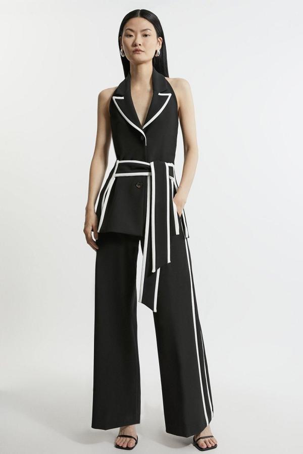 Compact Stretch Contrast Tipped Belted Wide Leg Tailored Jumpsuit