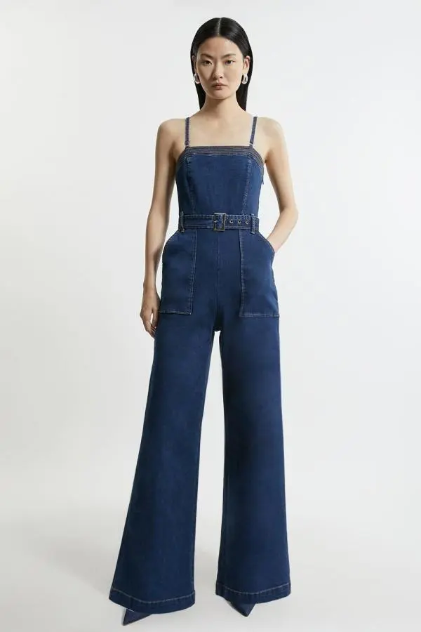 Stretch Denim Bandeau Belted Wide Leg Jumpsuit