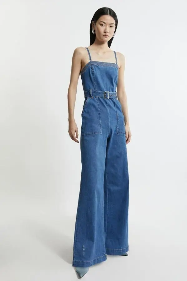 Stretch Denim Bandeau Belted Wide Leg Jumpsuit