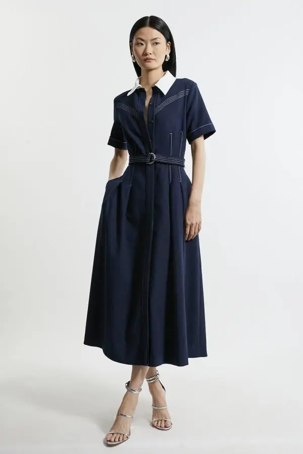 Compact Stretch Contrast Collar Full Skirted Midi Dress