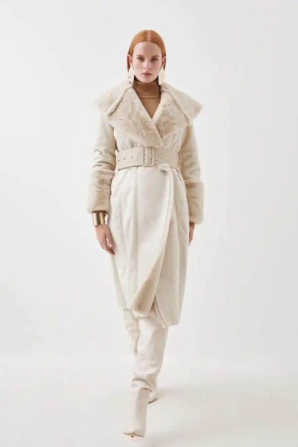 Petite  Faux Shearling Collar & Cuff Belted Long Coat