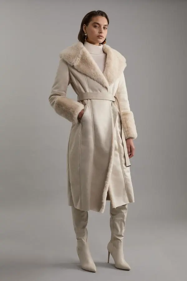 Tall Faux Shearling Collar & Cuff Belted Long Coat