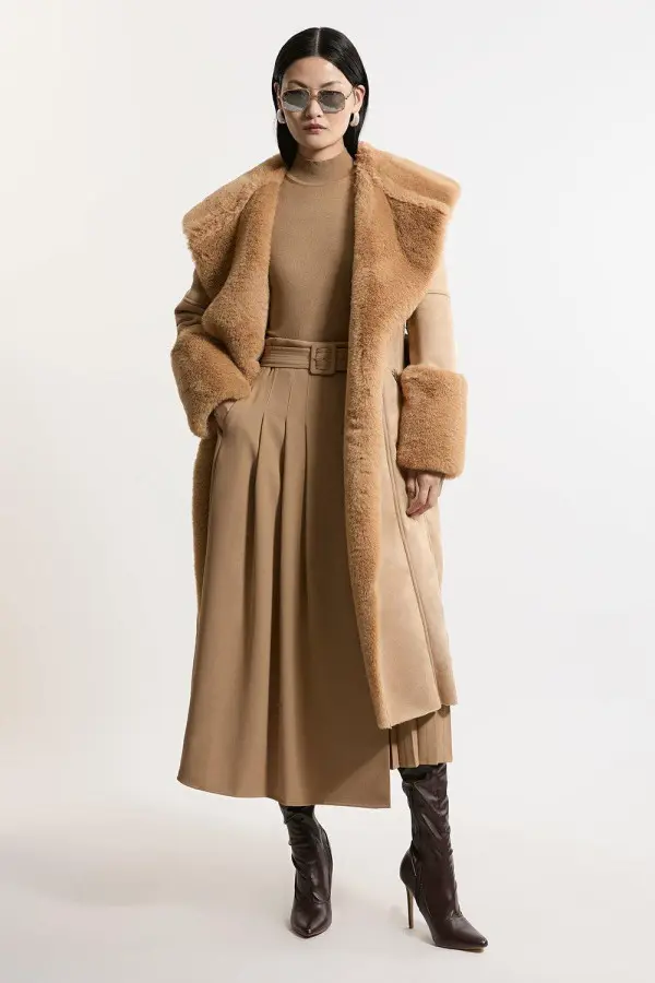 Faux Shearling Collar & Cuff Belted Long Coat