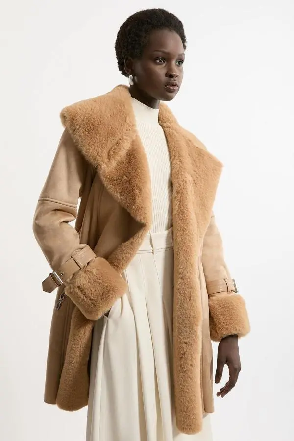 Faux Shearling Collar & Cuff Belted Short Coat