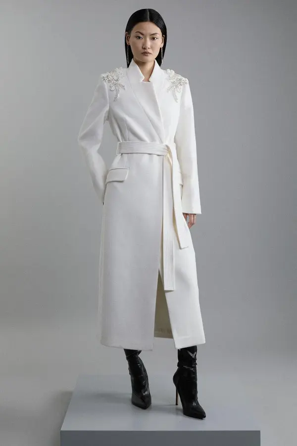 Petite Wool Blend Crystal Embellished Notch Neck Belted Coat