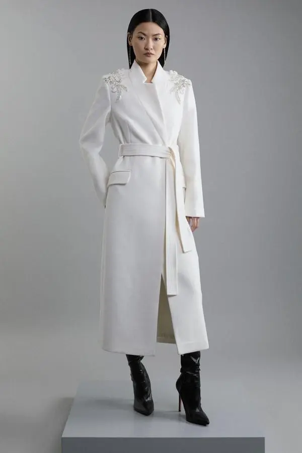 Petite Wool Blend Crystal Embellished Notch Neck Belted Coat