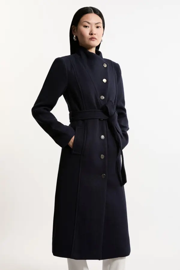 Tailored Wool Blend Asymmetric Button Neck Belted Coat