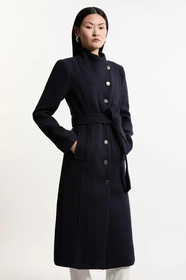 Tailored Wool Blend Asymmetric Button Neck Belted Midi Coat