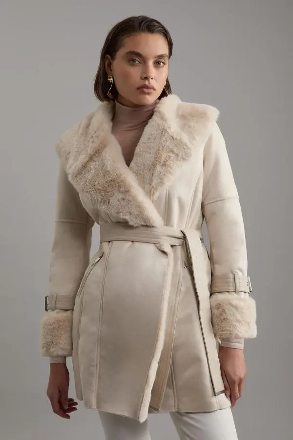 Faux Shearling Collar & Cuff Belted Short Coat