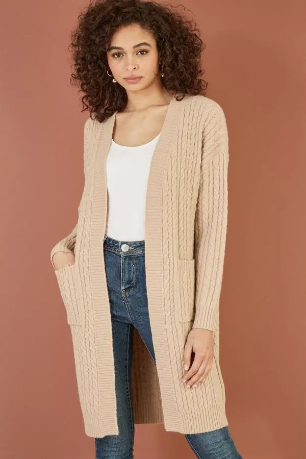 Oatmeal Cable Knit Edge to Edge Long Cardigan With Pockets