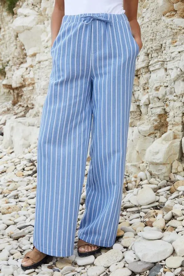 Striped 'Dannie' Cotton Blend Drawcord Wide Leg Trousers