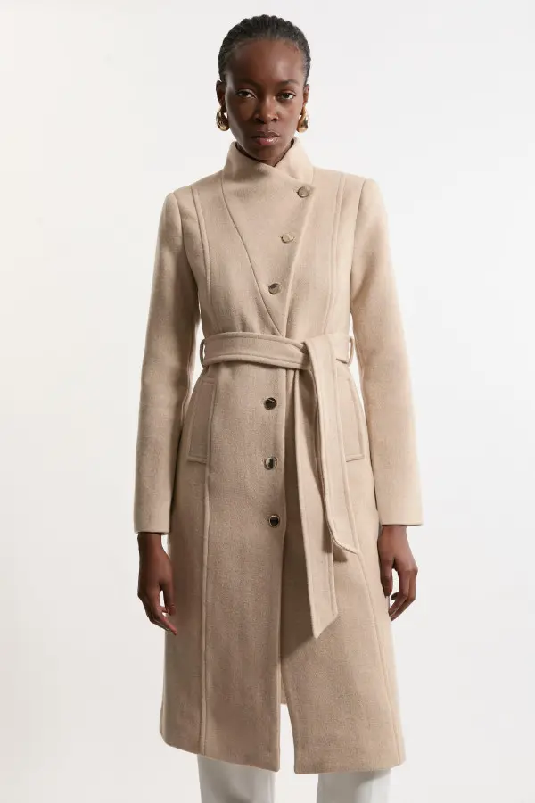 Tailored Wool Blend Asymmetric Button Neck Belted Coat