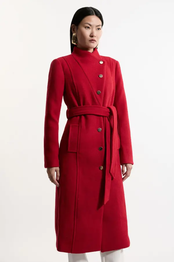 Tailored Wool Blend Asymmetric Button Neck Belted Coat