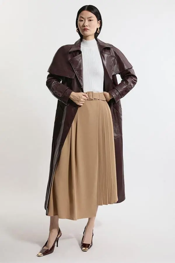 Petite Size Soft Tailored Crepe Belted Pleated Midi Skirt