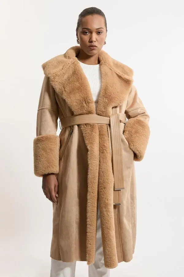 Plus Size Faux Shearling Collar & Cuff Belted Long Coat