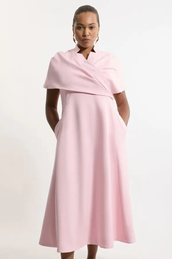 Plus Size Structured Crepe Cape Detail Full Skirted Tailored Midi Dress