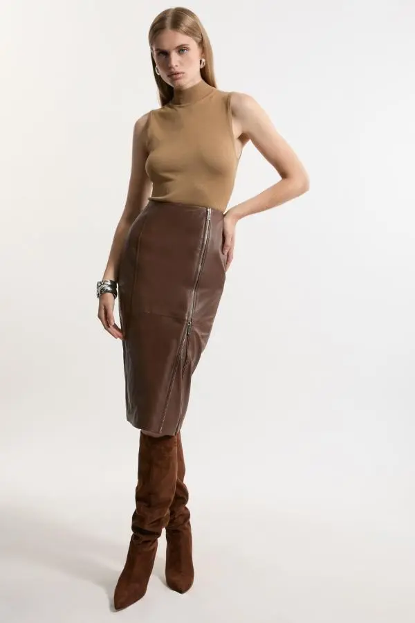 Leather Double Zip Pencil Midi Skirt