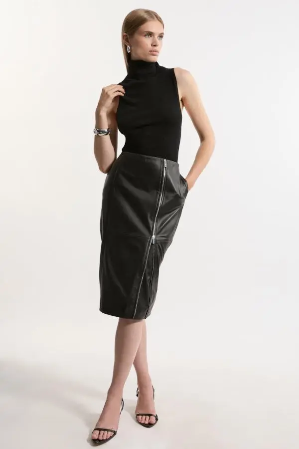 Leather Double Zip Pencil Midi Skirt