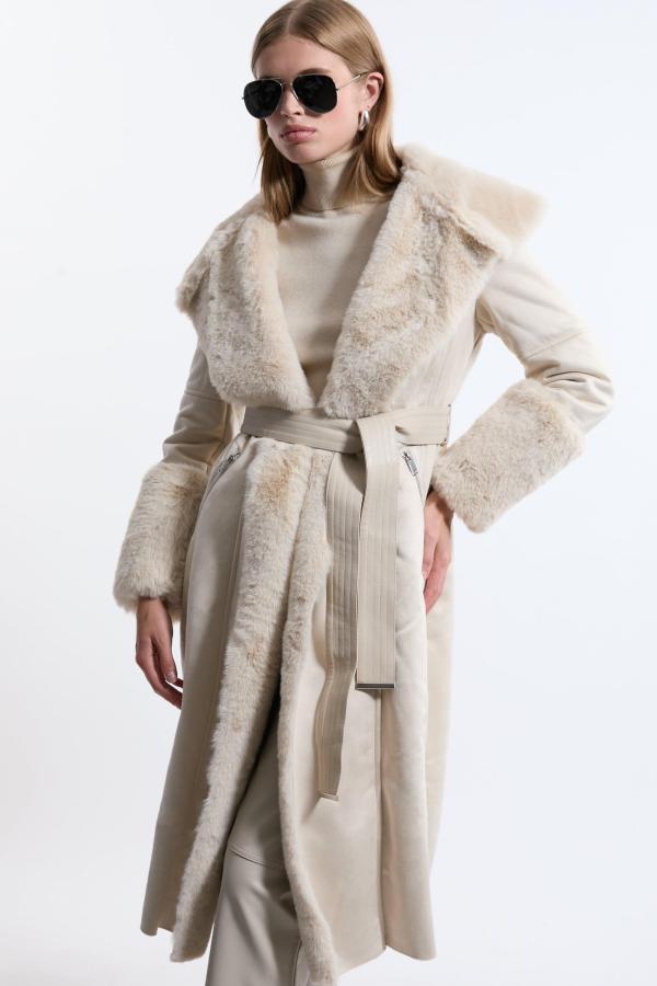 Faux Shearling Collar & Cuff Belted Midi Coat