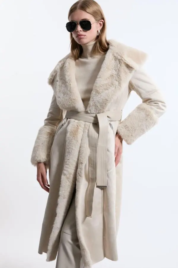 Faux Shearling Collar & Cuff Belted Midi Coat