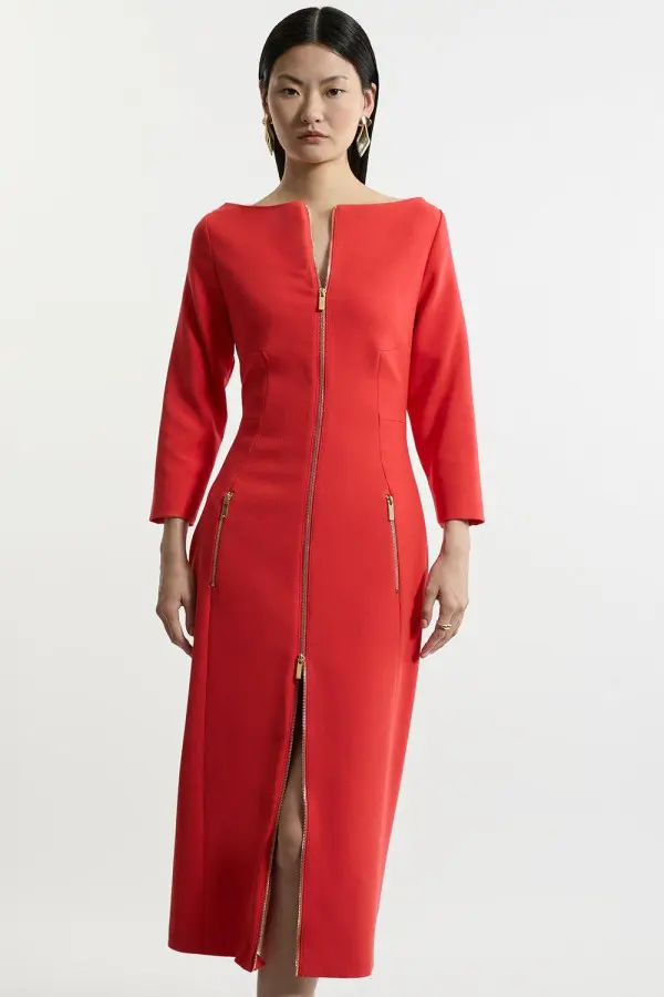 Compact Stretch Tailored Long Sleeve Zip Through Maxi Dress