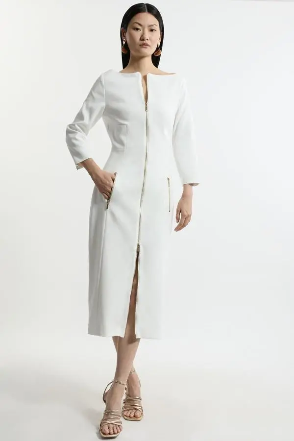 Compact Stretch Tailored Long Sleeve Zip Through Maxi Dress