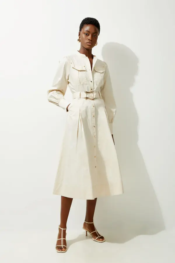 Cotton Sateen Button Detail Woven Midi Shirt Dress