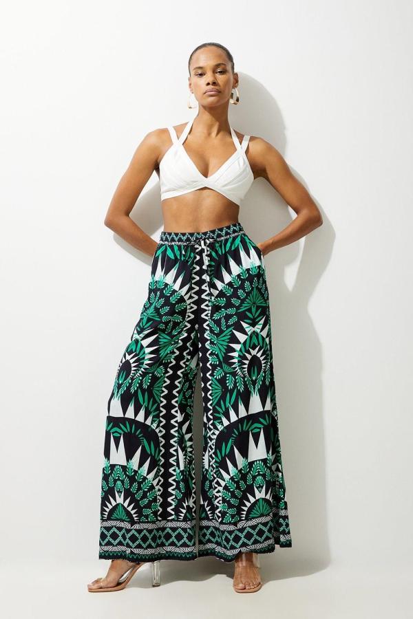 Mono Printed Viscose Woven Beach Wide Leg Trousers