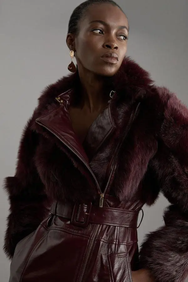 Shearling Mix Panelled High Shine Leather Belted Trench Coat