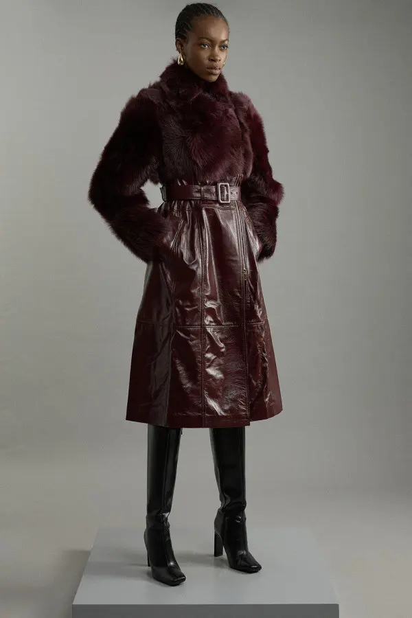 Shearling Mix Panelled High Shine Leather Belted Trench Coat