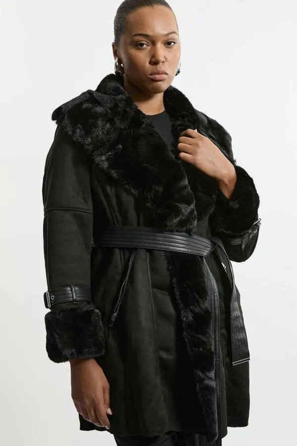 Plus Size Faux Shearling Collar & Cuff Belted Short Coat