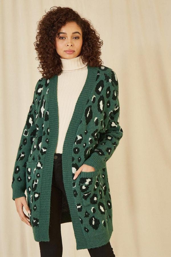 Green Animal Intarsia Long Cardigan