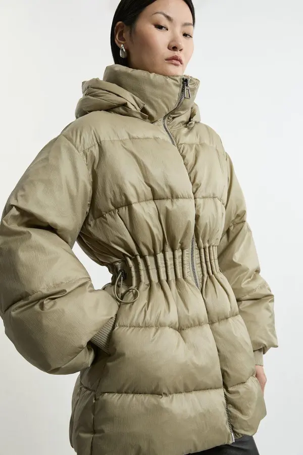 Quilted Drawstring Waist Hooded Rib Cuff Puffer Jacket