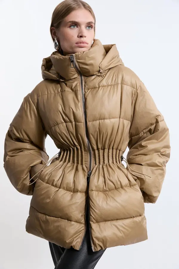 Quilted Drawstring Waist Hooded Rib Cuff Puffer Jacket